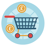 Pay For Your Course. Icon Showing A Shopping Trolley With A Broken Circle With Golden Circles With A White £ Sign On.